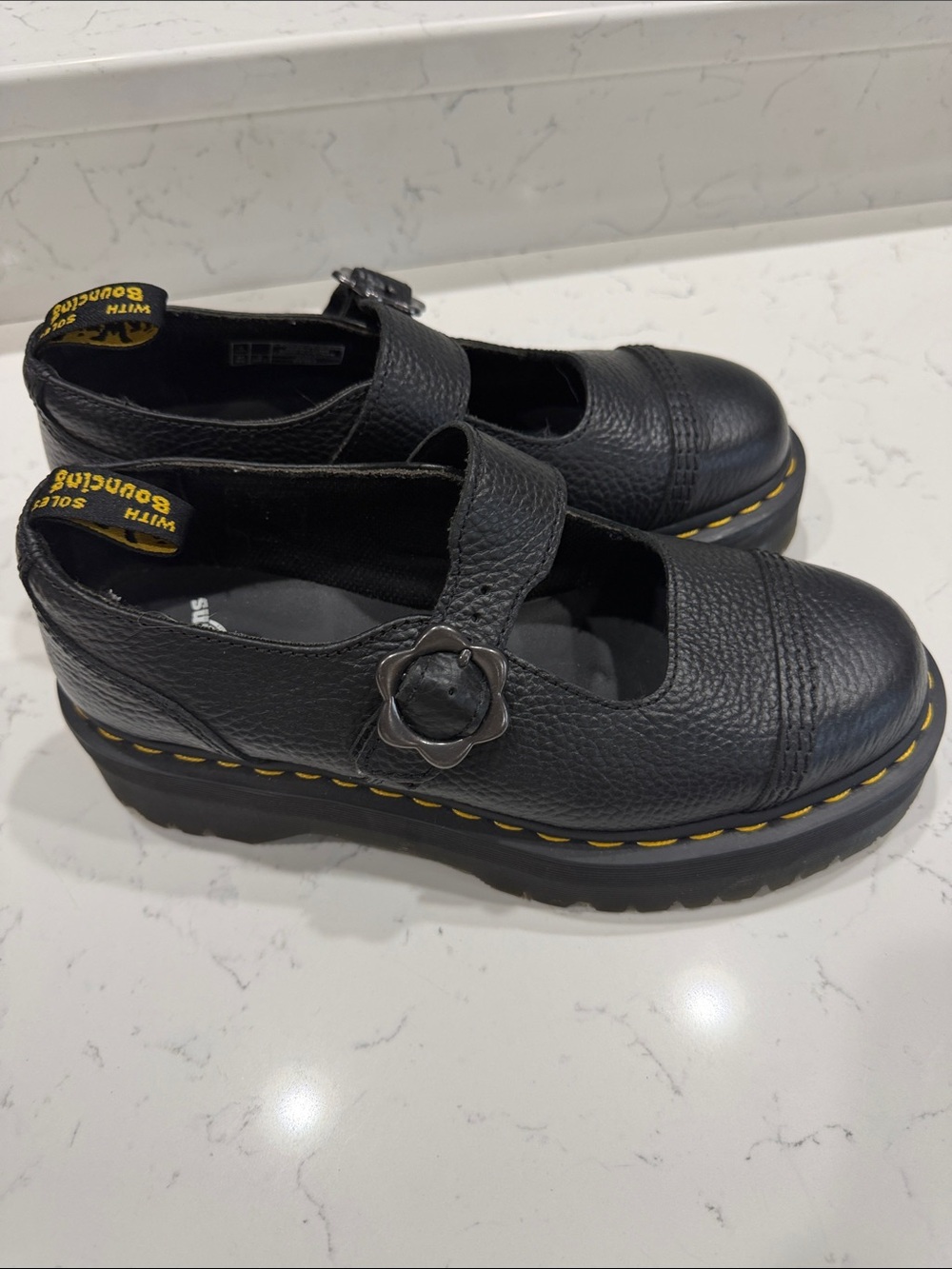 Dr. Martens Black Mary Jane Platform Shoes with Floral Buckle